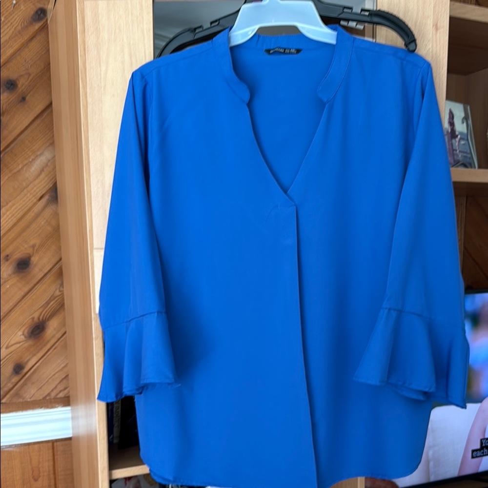 Blue Boxy Ruffled Blouse with Notched Collar